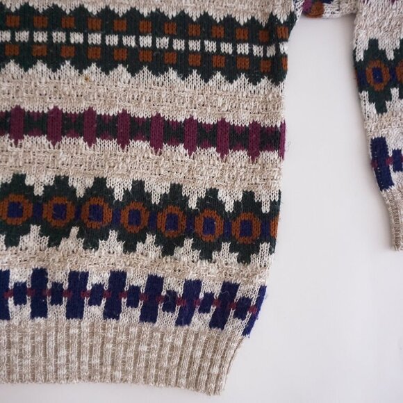 Vtg '80S Ash Creek Taupe Purple Cosby Biggie Eclectic Crewneck Knit Sweater XL - Picture 7 of 10